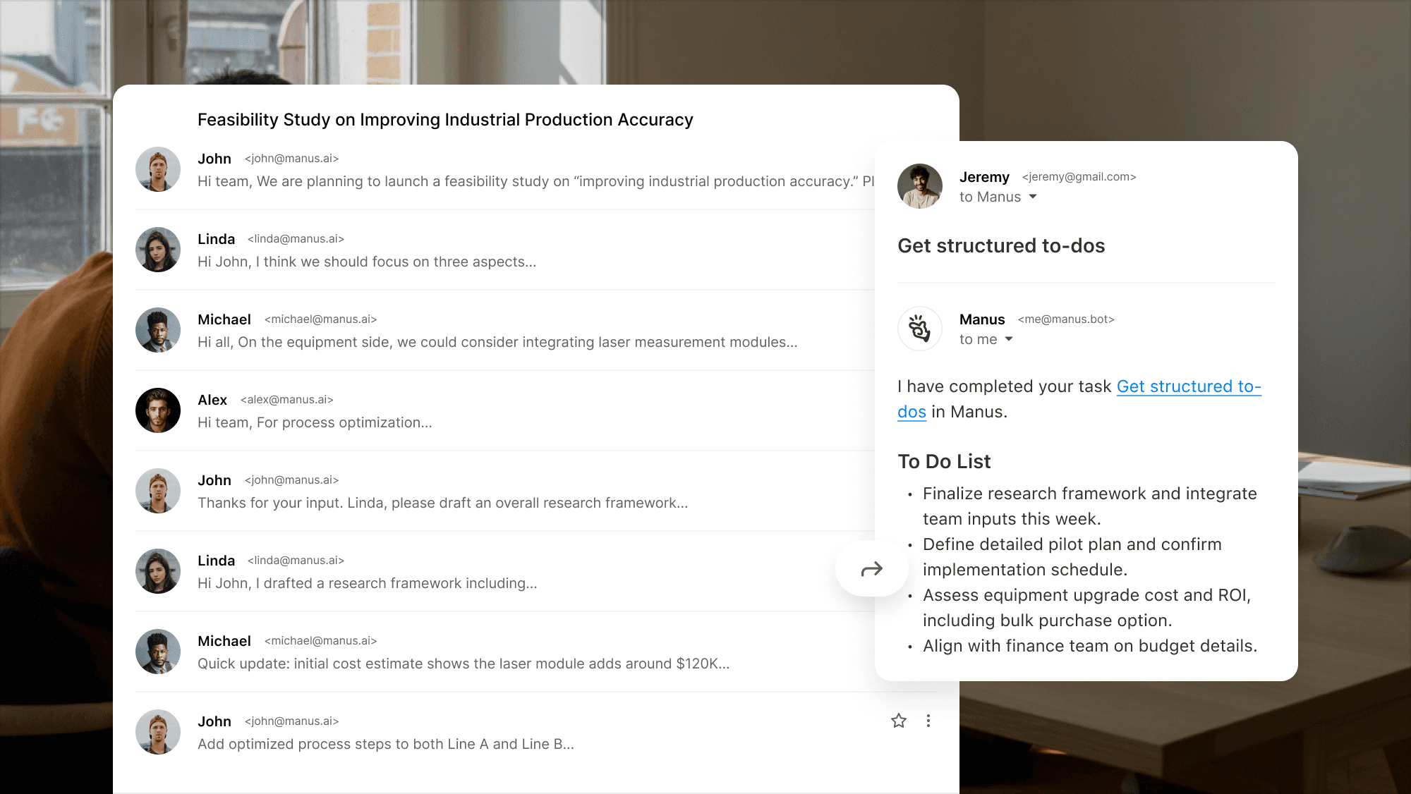 Example interface showing how Manus turns a long email thread into a clear to‑do list.