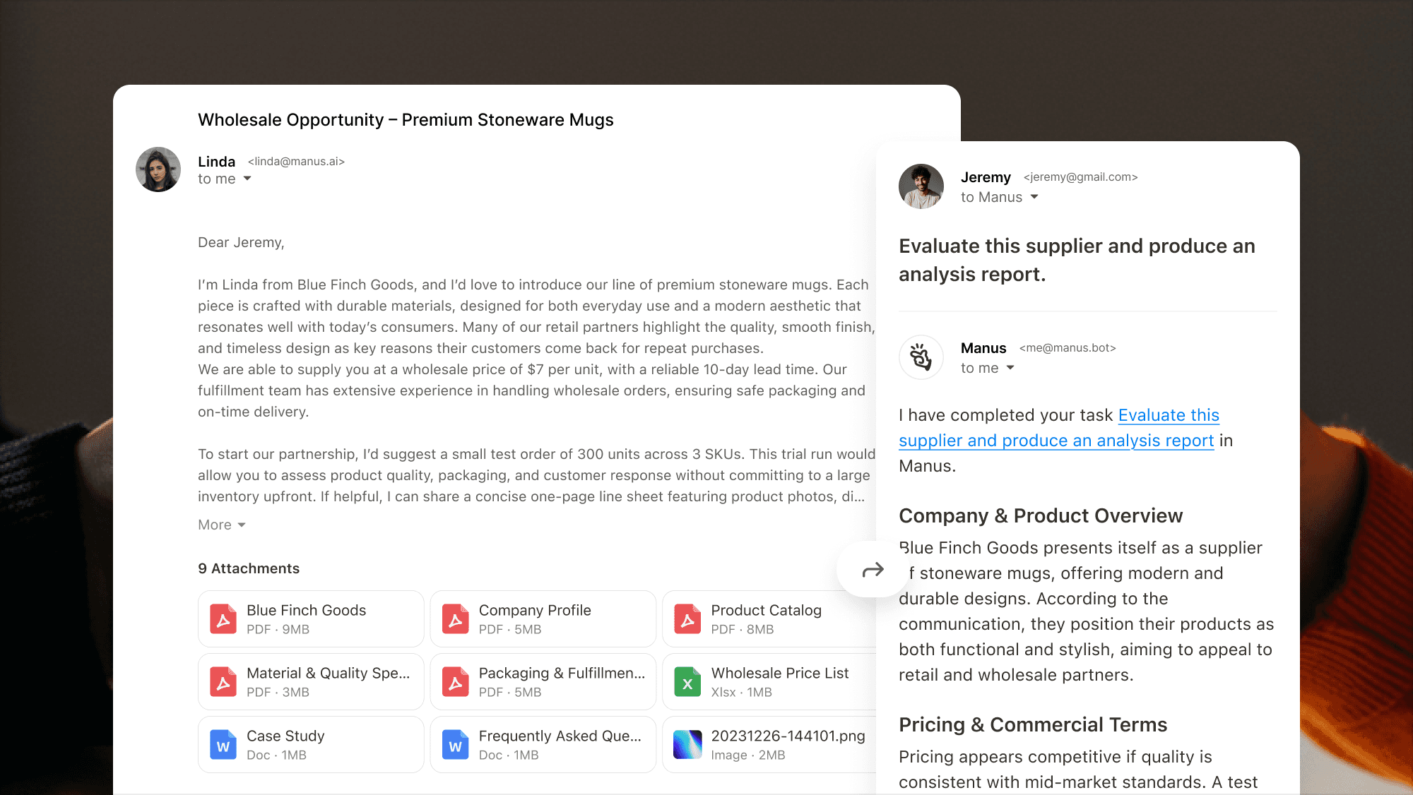 Interface showing Manus extracting key points from a supplier‑evaluation email with multiple attachments and producing an analysis report.