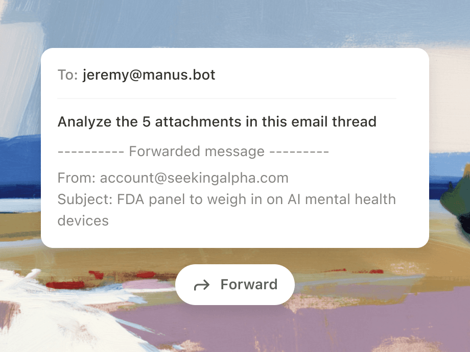 View showing Manus extracting key points from a supplier‑evaluation email with multiple attachments.