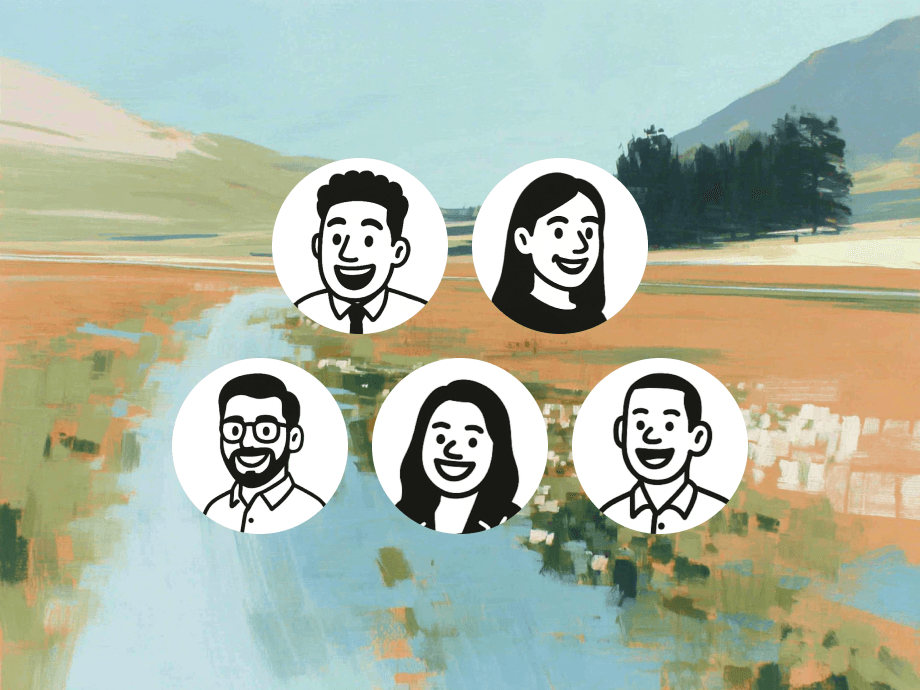 Illustration with colleague avatars.